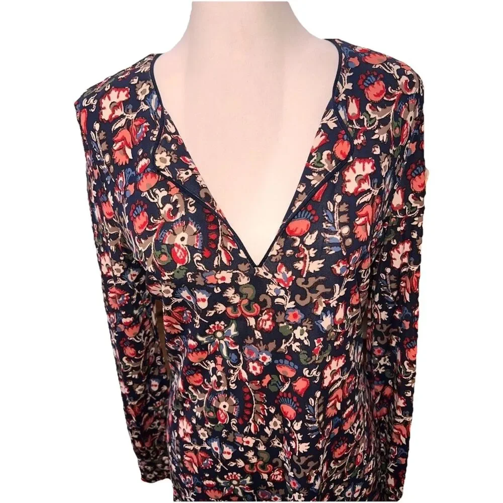 Tory Burch Floral Folk Print Long Sleeve Dress V-Neck Keyhole Stretch Knit L